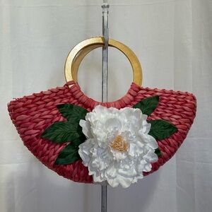 Pink Woven Handbag with Floral Accent